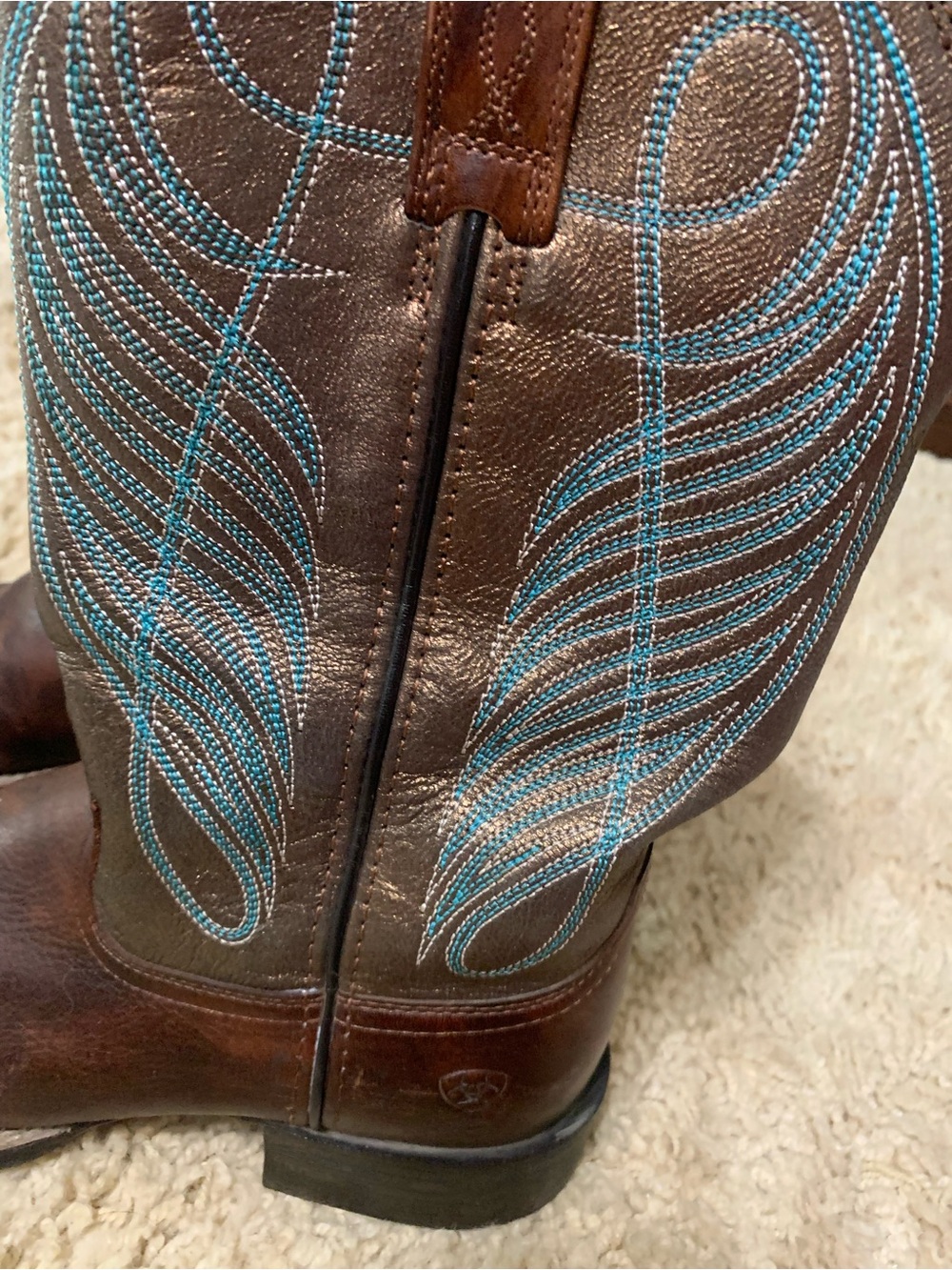 Ariat Brown Leather Western Boots with Turquoise Stitching - Picture 3 of 7